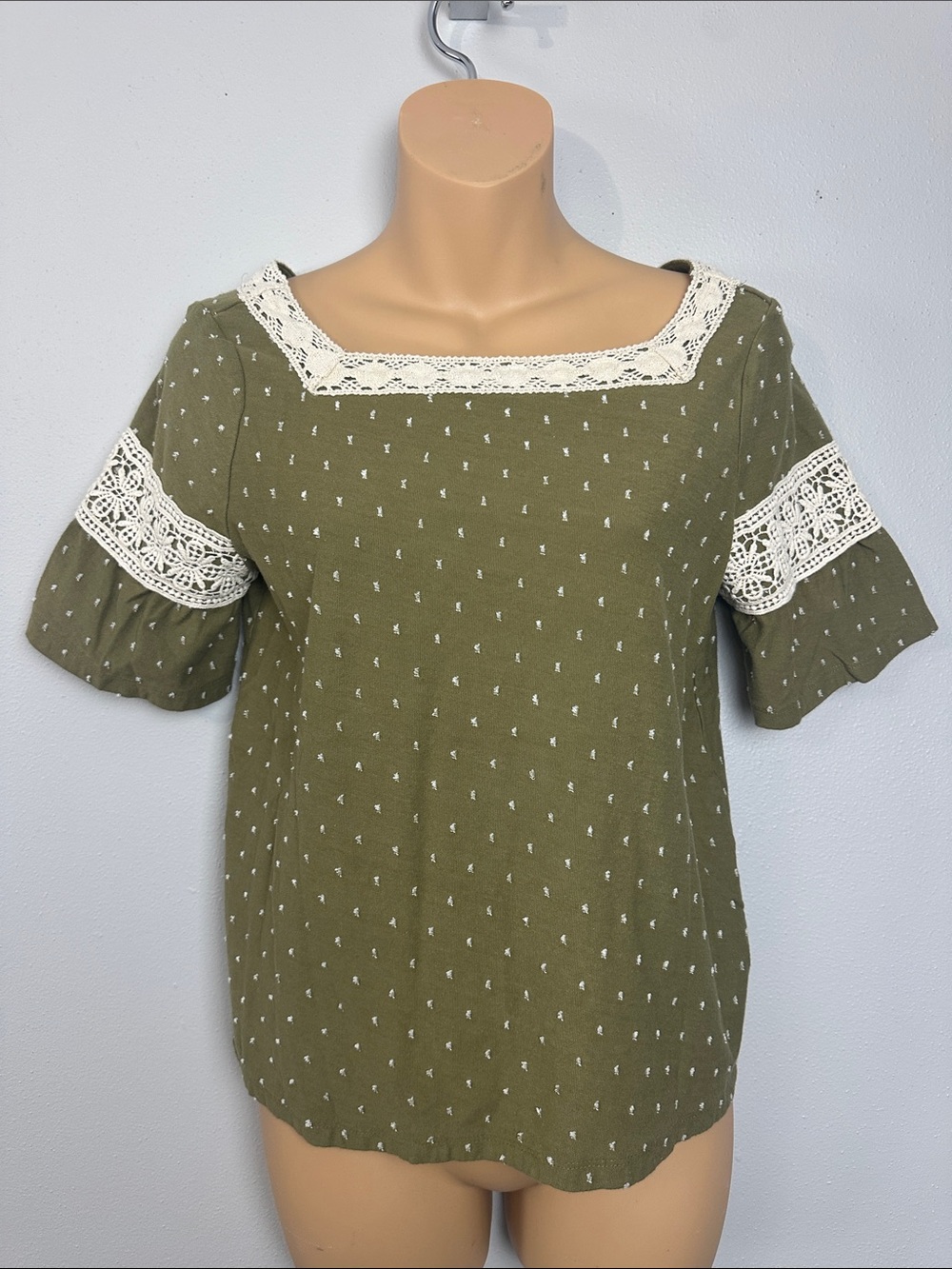 Anthropologie Olive Green Square Neck Lace-Trim Blouse